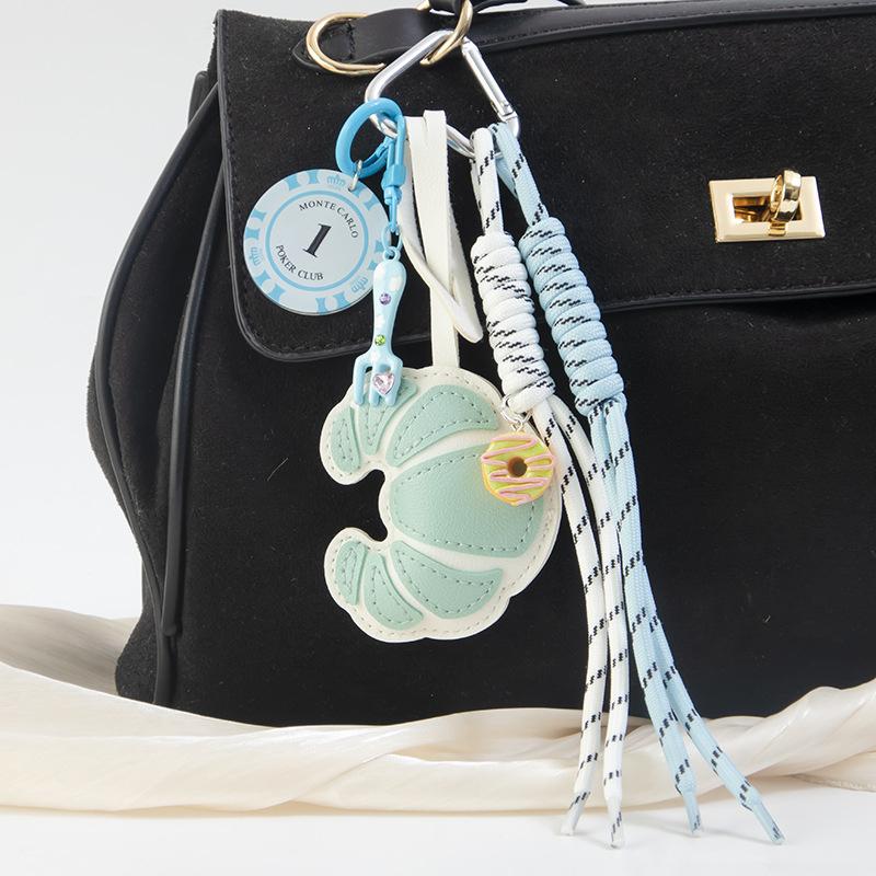 New Croissant Pendant Fashion Braided Rope Bag Pendant Creative Diy Luggage Pendant Pu Leather Bread Keychain Gift Accessories