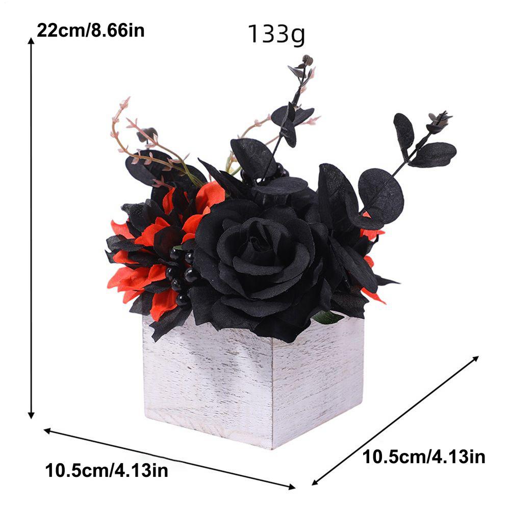 

Black Flowers Bouquet with wooden vase Halloween flower wooden box Halloween Flower Arrangement Gothic home desktop ornaments темно-помаранчевий колір