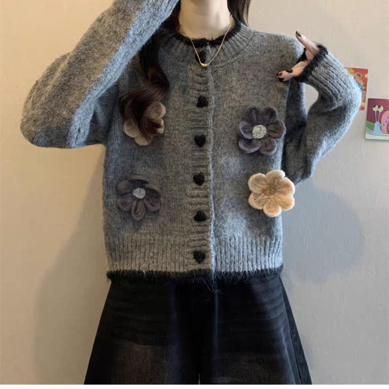 Women 3D Flower Knitted Sweaters Solid Color Ladies Single Breasted Sweater Cardigans Autumn Versatile Casual Female Korean Fashion Top