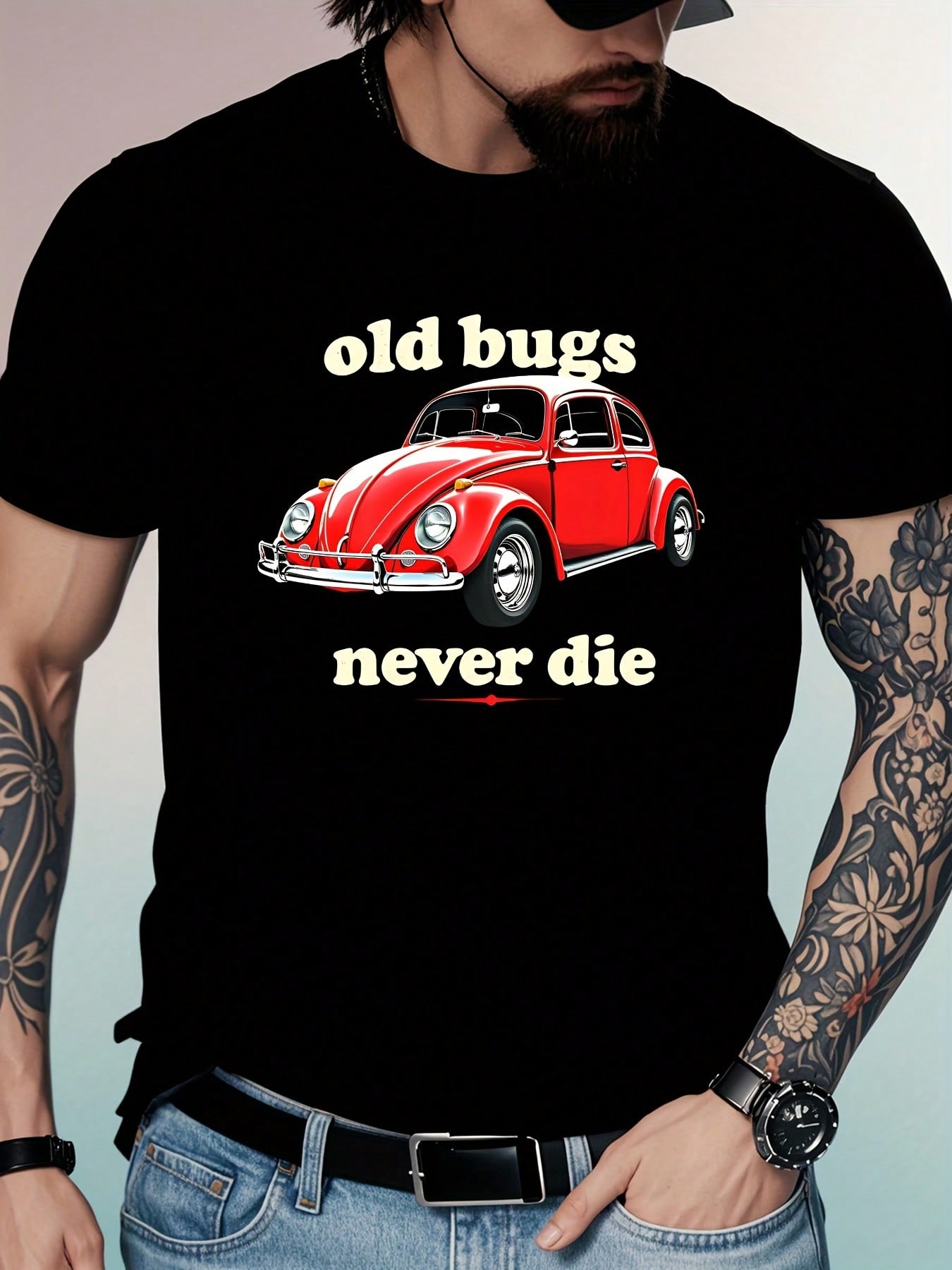 

Mens Old Bugs Never Die Red and White Car Graphic TShirt Short Sleeve Crew Neck Casual Summer Wear Black Cotton Tee 4XL