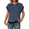 Women's Striped Knit Summer Top - Loose, Short-Sleeved, Round Neck, Casual Hollow Design Sweater