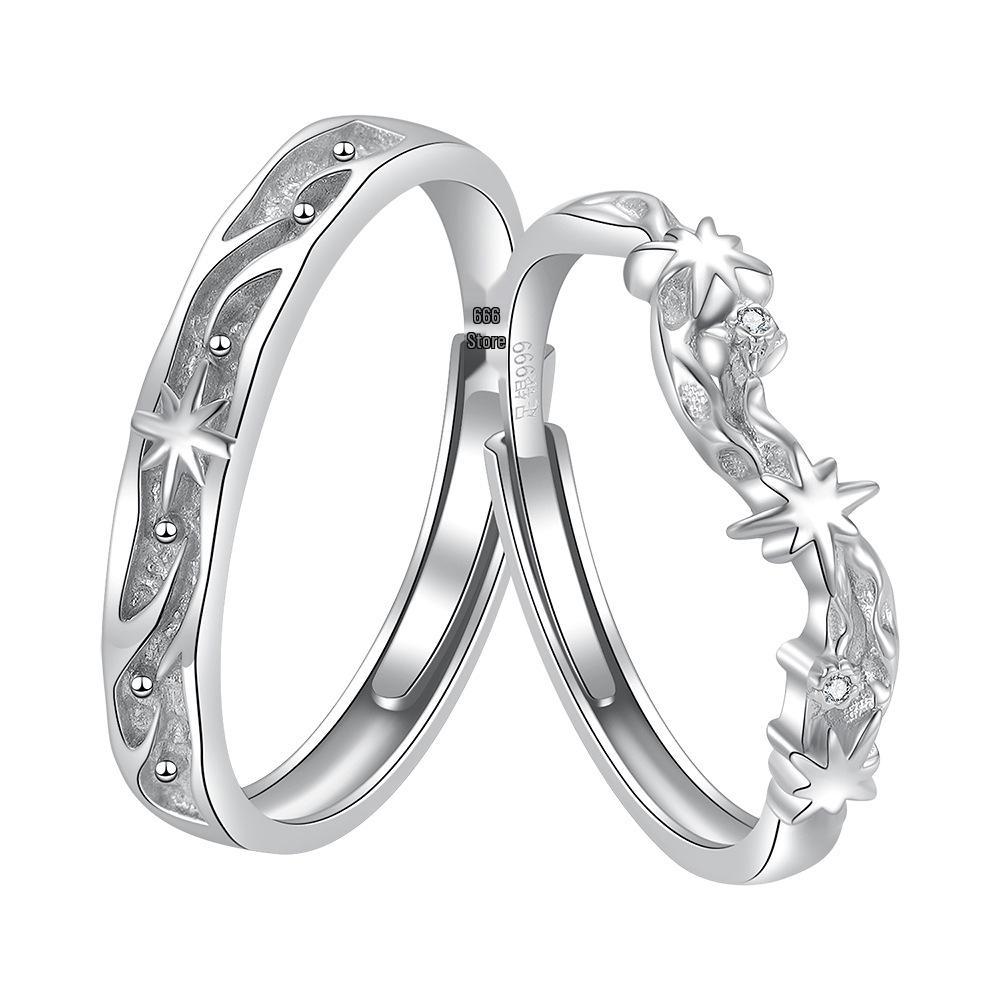 Sterling Silver Starry River Couples' Open Rings: Elegant Luxury Design with Zirconia Stars for Men and Women.