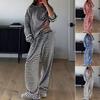 Women's Solid Color Simple Striped Pajama Set, Adjustable Drawstring Pants and Contrasting Round Leader Top Combination