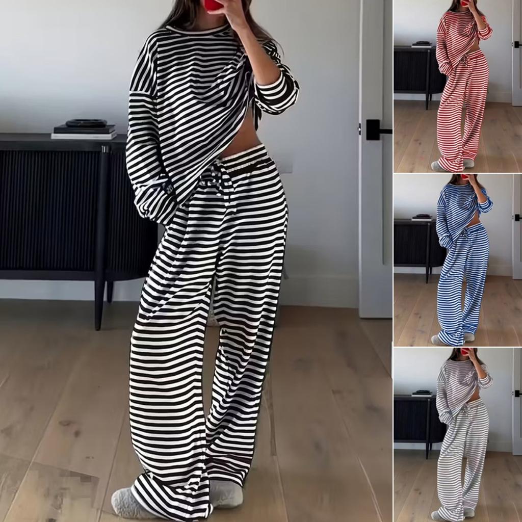 Women's Solid Color Simple Striped Pajama Set, Adjustable Drawstring Pants and Contrasting Round Leader Top Combination