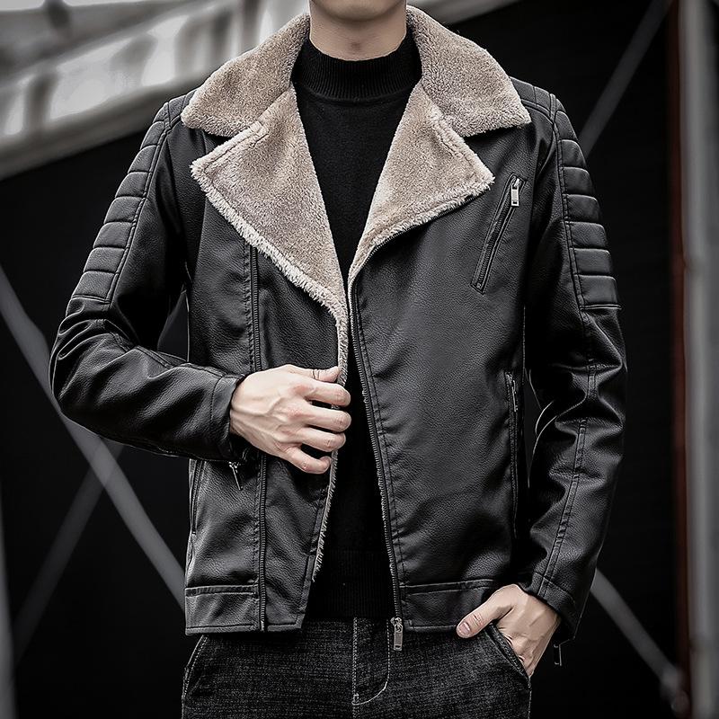 Winter Velvet Leather Jacket Korean Style Motorcycle Green Handsome Lapel Jacket Fit Slim Men's Pu Jacket Trendy