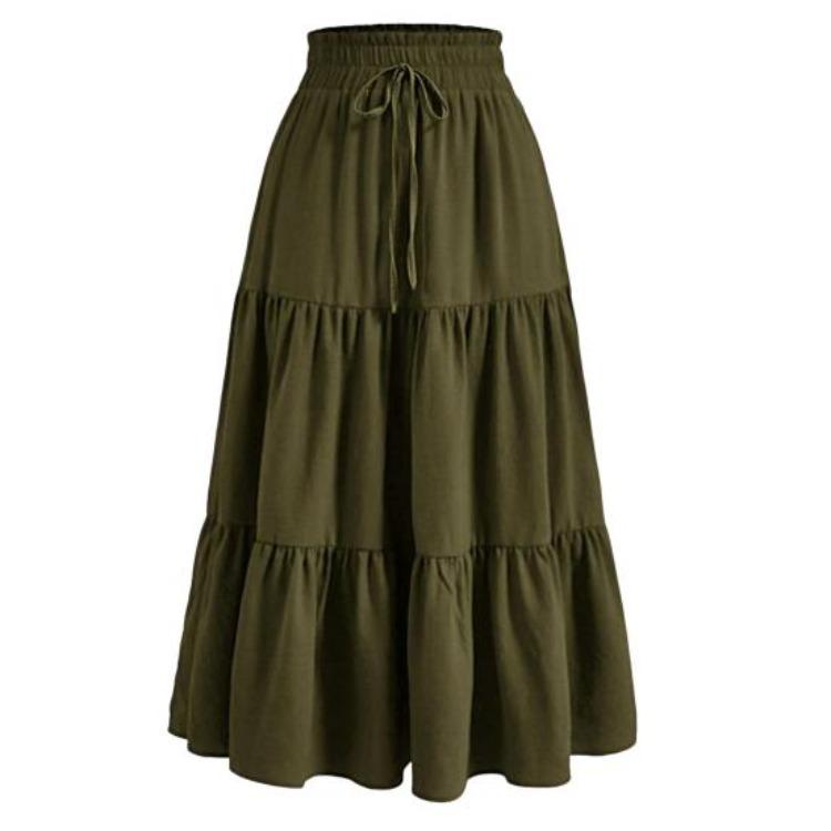 Gonna Estiva da Donna Stile Bohemien Elastica Vita Alta Coulisse Regolabile Gonna a Torta Linea ad A Colore Unito