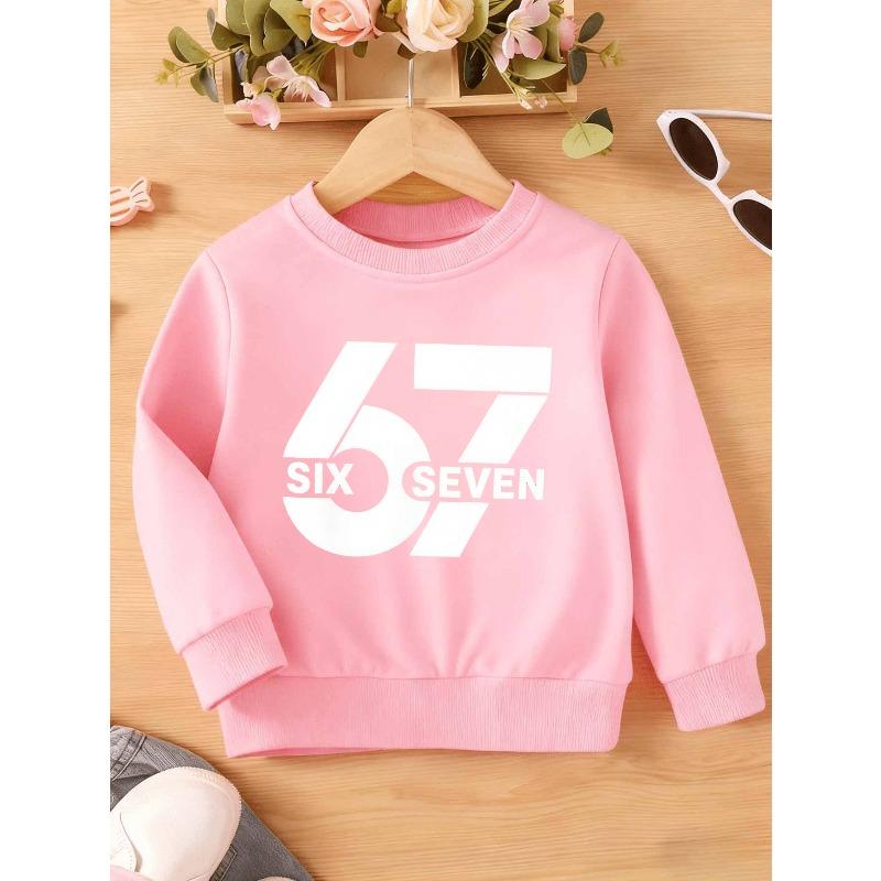 Unisex Kids Cream Crewneck Sweatshirt For 4-12 Boys Girls Minimalist White Block Number 67 SIX SEVEN Text Print Soft Fleece Long Sleeve Pullover