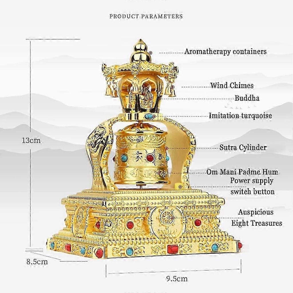Silent Solar Powered Gold Tibetan Prayer Wheel with 4 Wind Chimes for Home Decor