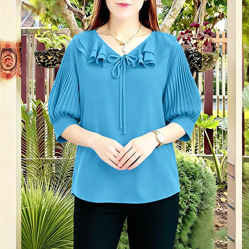 

ZANZEA Women Ruffles V-Neck Solid Color Loose Casual 3/4 Sleeve Blouse 5XL синій