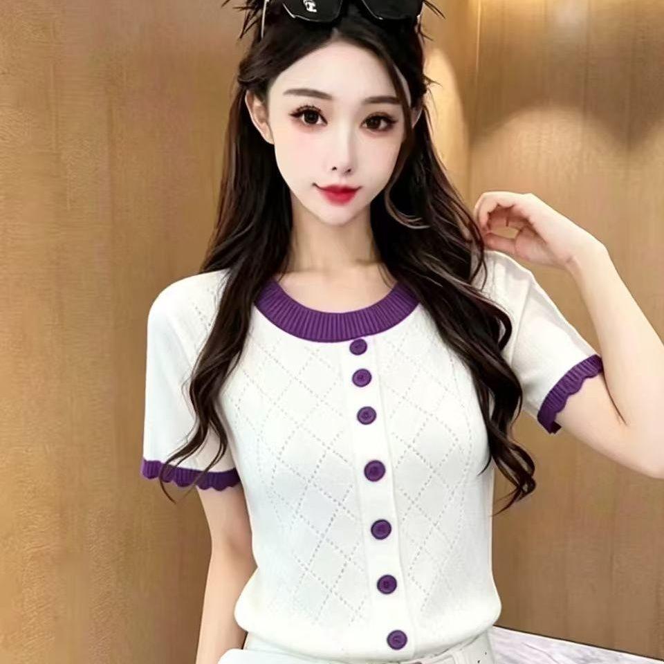 Knitted Top for Women In Summer, New Style, Front-opening Diamond-patterned, Open Wooden Ear Detail, Elegant Short-sleeved T-shirt Top