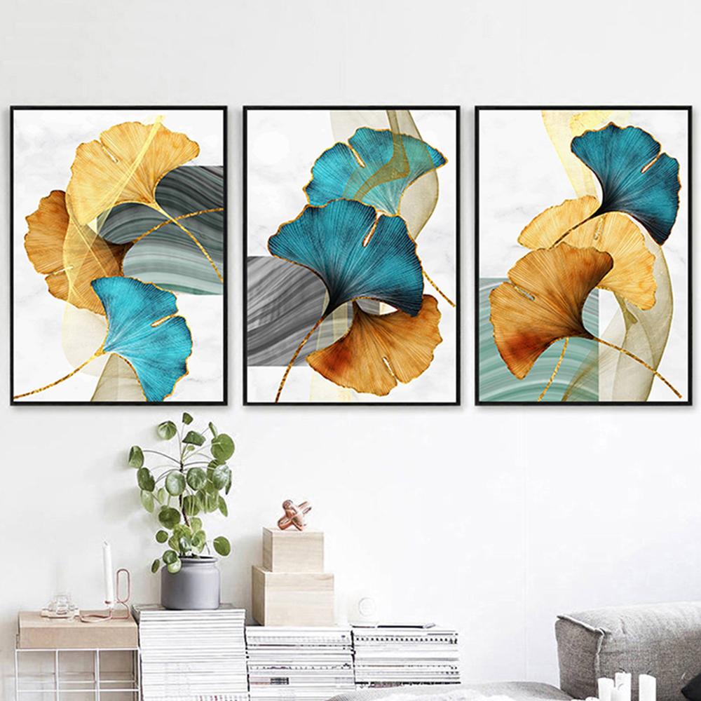 Blue Green Yellow Gold Leaf Plant Flower Canvas Poster Print Nordic Abstract Wall Art Painting Modern Living Room Decor Pictures
