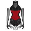 Womens Latin Figure Skating Jumpsuit Sleeveless Sequined Tassel Leotard Bodysuit Matching Mesh Gloves