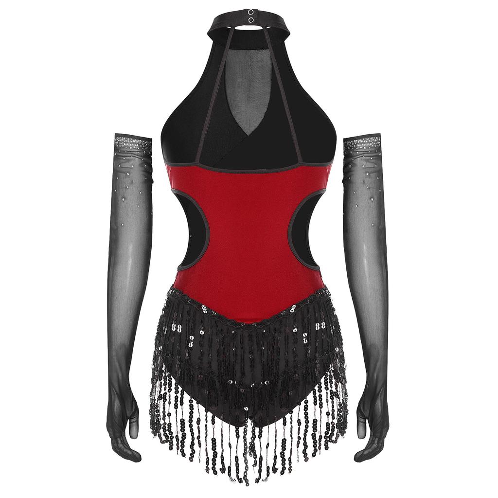 Womens Latin Figure Skating Jumpsuit Sleeveless Sequined Tassel Leotard Bodysuit Matching Mesh Gloves