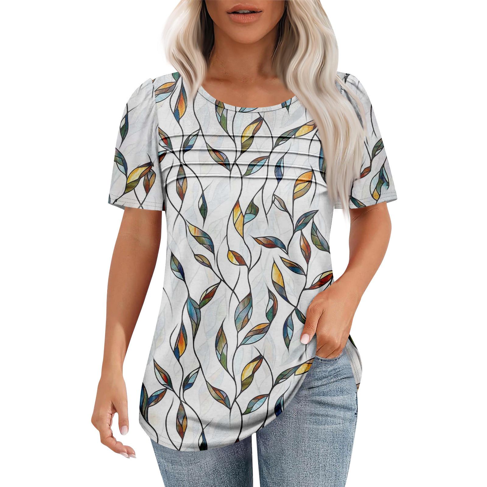 Ladies  Fashionable Printed Round Neck Pleated Short Sleeved Shirt XL хаки
