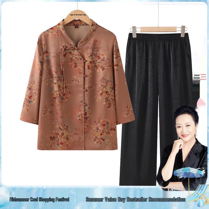 

Elegant Summer Breathable Shirt Set for Mature Women XL