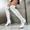 34-48 Große Größe Mode Feiner Absatz Fischmaul Ultrahoher Absatz Überknie Elastische Stiefel Quelle