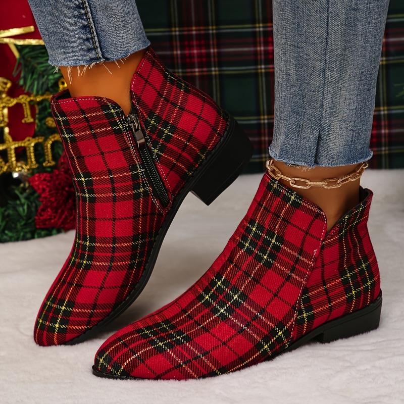 Christmas Style Chunky Low Heeled Ankle Boots - Women's Plaid Side Zipper Short Boots