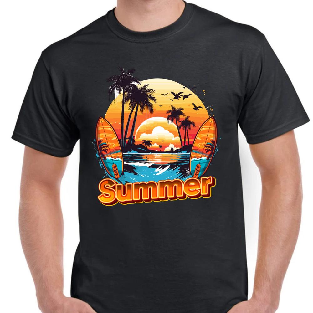 Summer  T-Shirt – Surfboard &  Palm Trees Graphic Tee, Beach Vibes Shirt