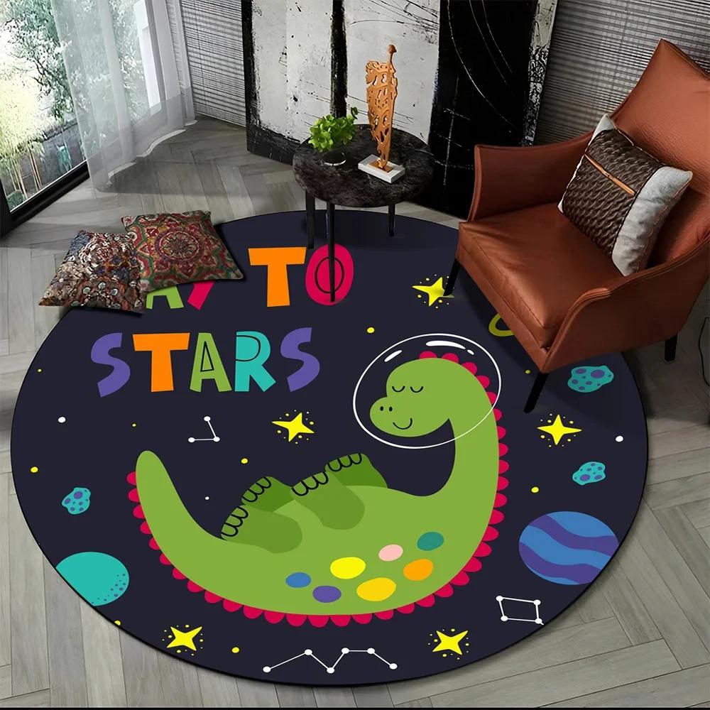 Cartoon Dinosaur Round Carpet Outer Space Cute Dino Area Rug for Living Room Bedroom Sofa Decor Non-slip Children's Crawling Mat