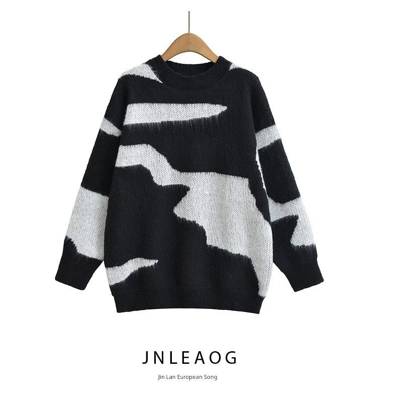Jnleaog New Fall Women's Clothing Fashion French Style Design Fashion All-Match Casual Style Color-Block Crew Neck Tops