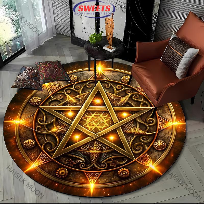 Okrągły dywan z nadrukowanym symbolem pentaklu, dywan z nadrukiem głowy kozła, mata do zabawy dla dzieci, dywan do salonu, sypialni, mata do jogi, prezent