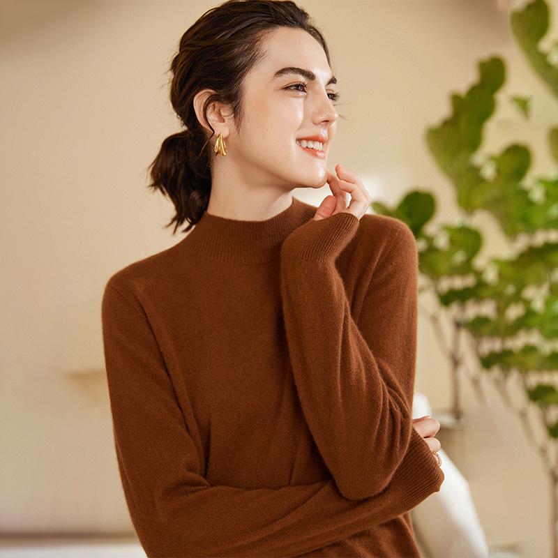 Women's Pure Cashmere Seamless Knit Sweater, Autumn/Winter Half-High Neck, Long Sleeve Base Layer