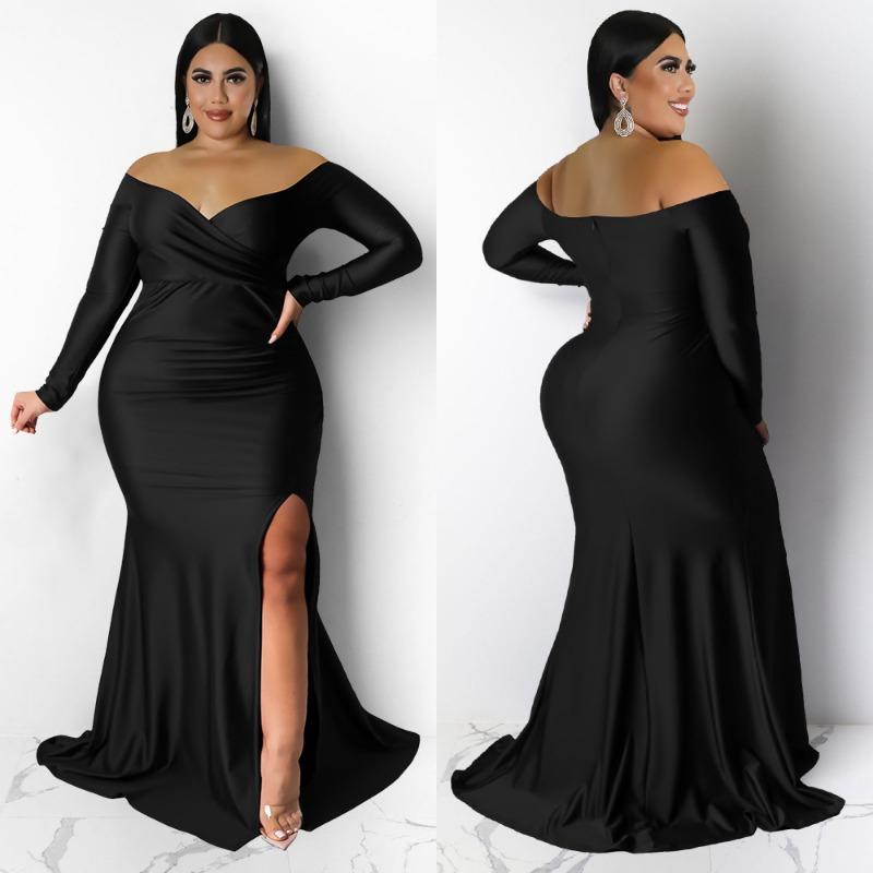 Plus Size Burgundy Off Shoulder Long Sleeve Ruched Split Mermaid Maxi Dress