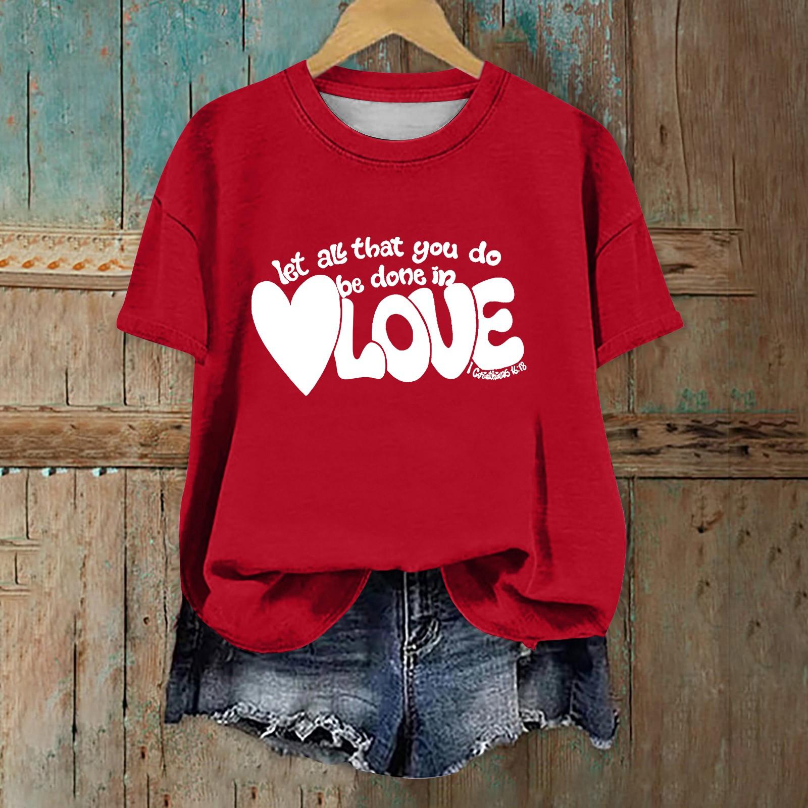 

Жіноча модна повсякденна футболка з короткими рукавами і круглим вирізом на День Святого Валентина S білий