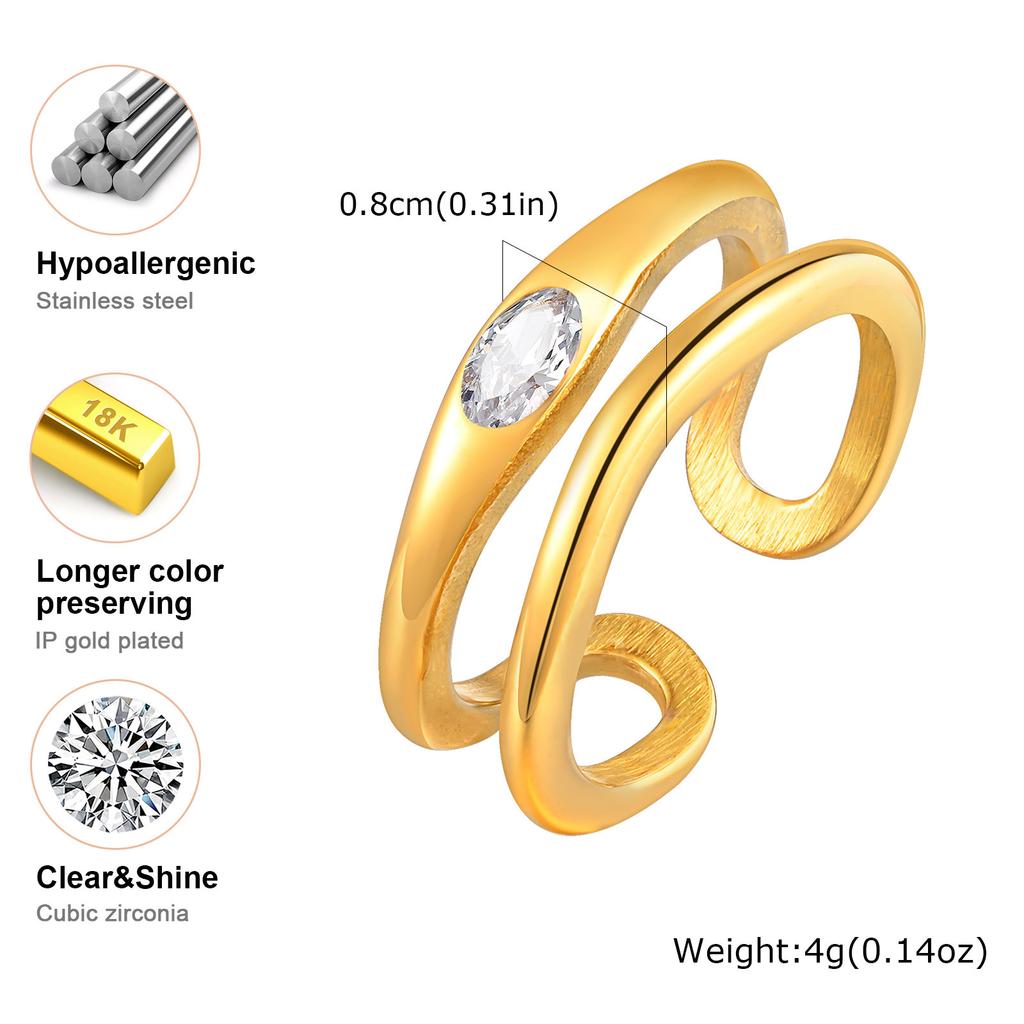 Double-layer Hollow Open Zirconia Rings for Women, Gold Plated Stainless Steel Finger Ring, Luxury Waterproof Jewelry