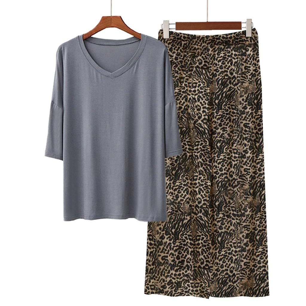 Pajamas Women's Spring and Summer New V-neck Short-sleeved Cotton and Linen Pants European and American Large-size Loungewear Two-piece Set