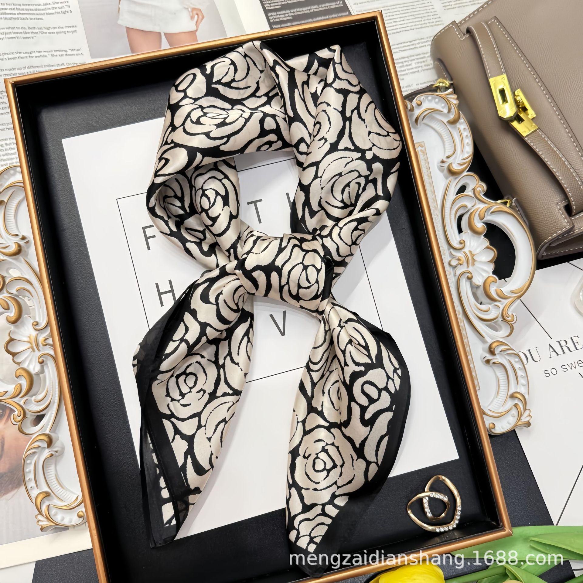 Chessboard rose silk scarf summer versatile retro mulberry silk scarf women s 70 sunscreen square scarf women s headscarf scarf 68*68cm