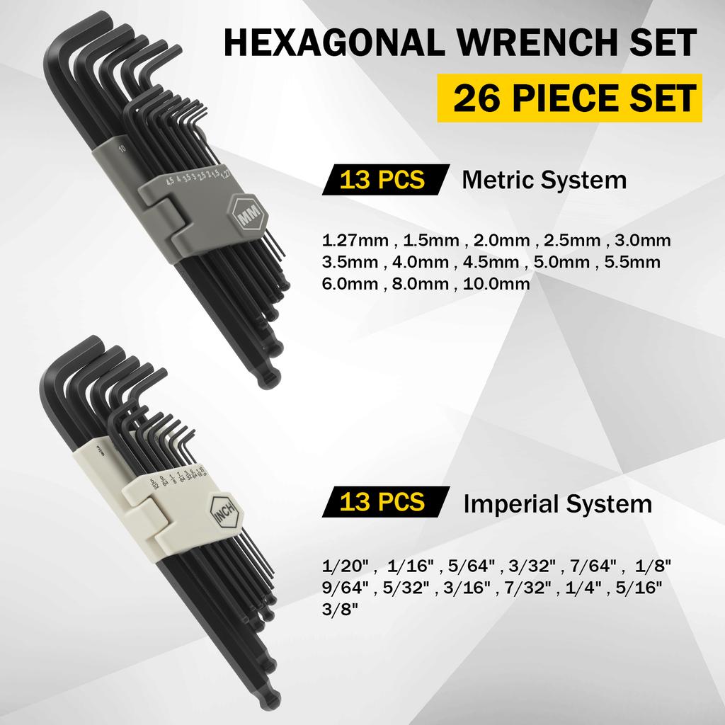 26-teiliges Innensechskantschlüssel-Set S2-Legierungsstahl L-Form Sechskantschlüssel Sortiment Set Tragbar Langlebig Sechskantschlüssel Innensechskantschlüssel für enge Räume