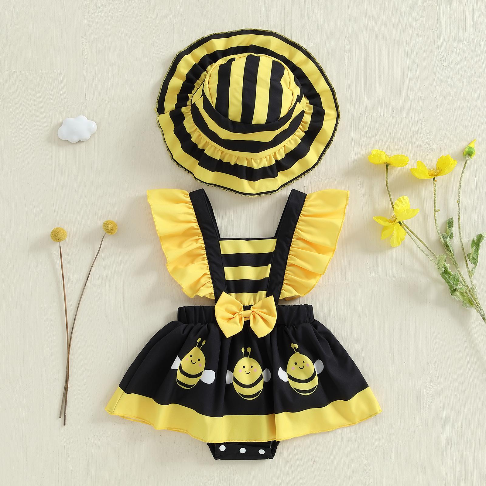 

Summer Newborn Baby Girls Bodysuits Clothes Princess Bee Print Jumpsuit Cute Toddler Flying Sleeve Shirred Romper with Sun Hat 0-3M