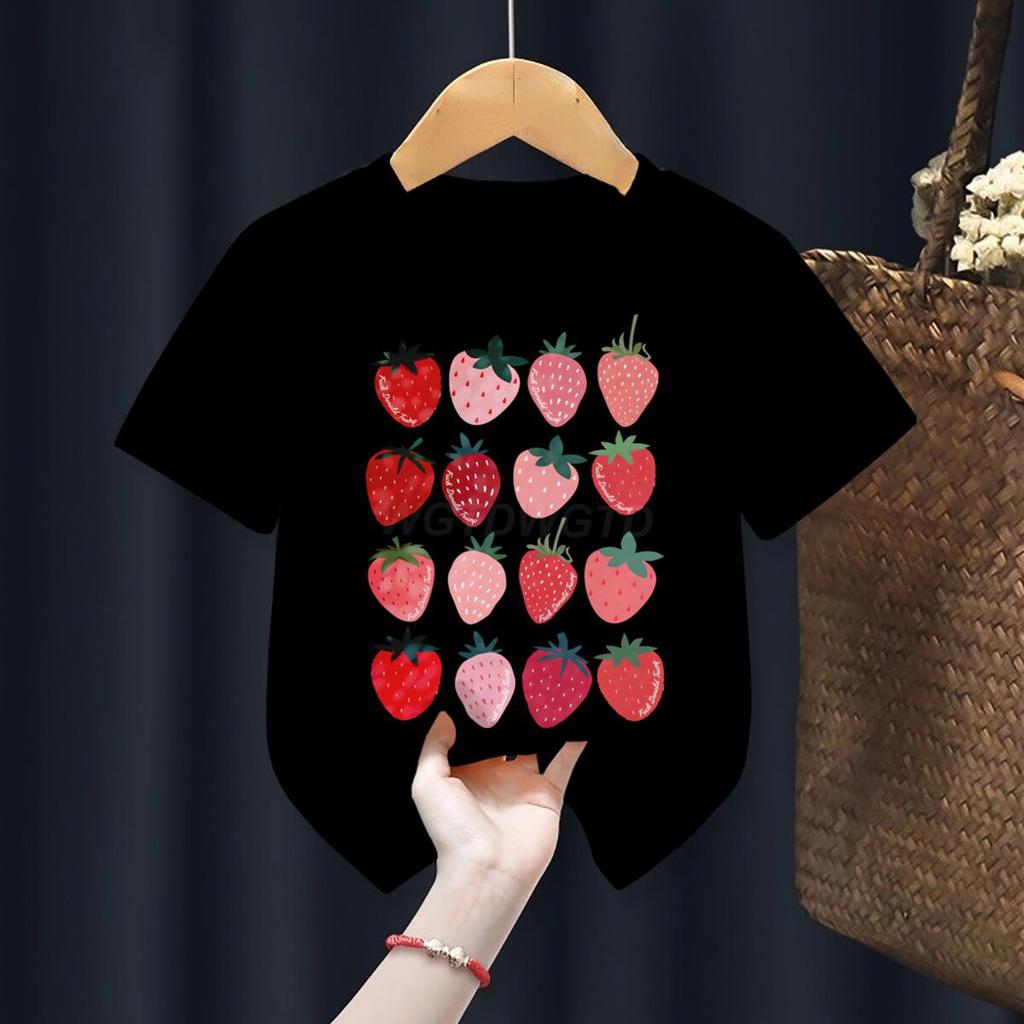 Summer Strawberry Printed Sweet Cute ShortSleeved Childrens Casual Sportswear Tshirt Polyester Fabric Kids Girls Clothes