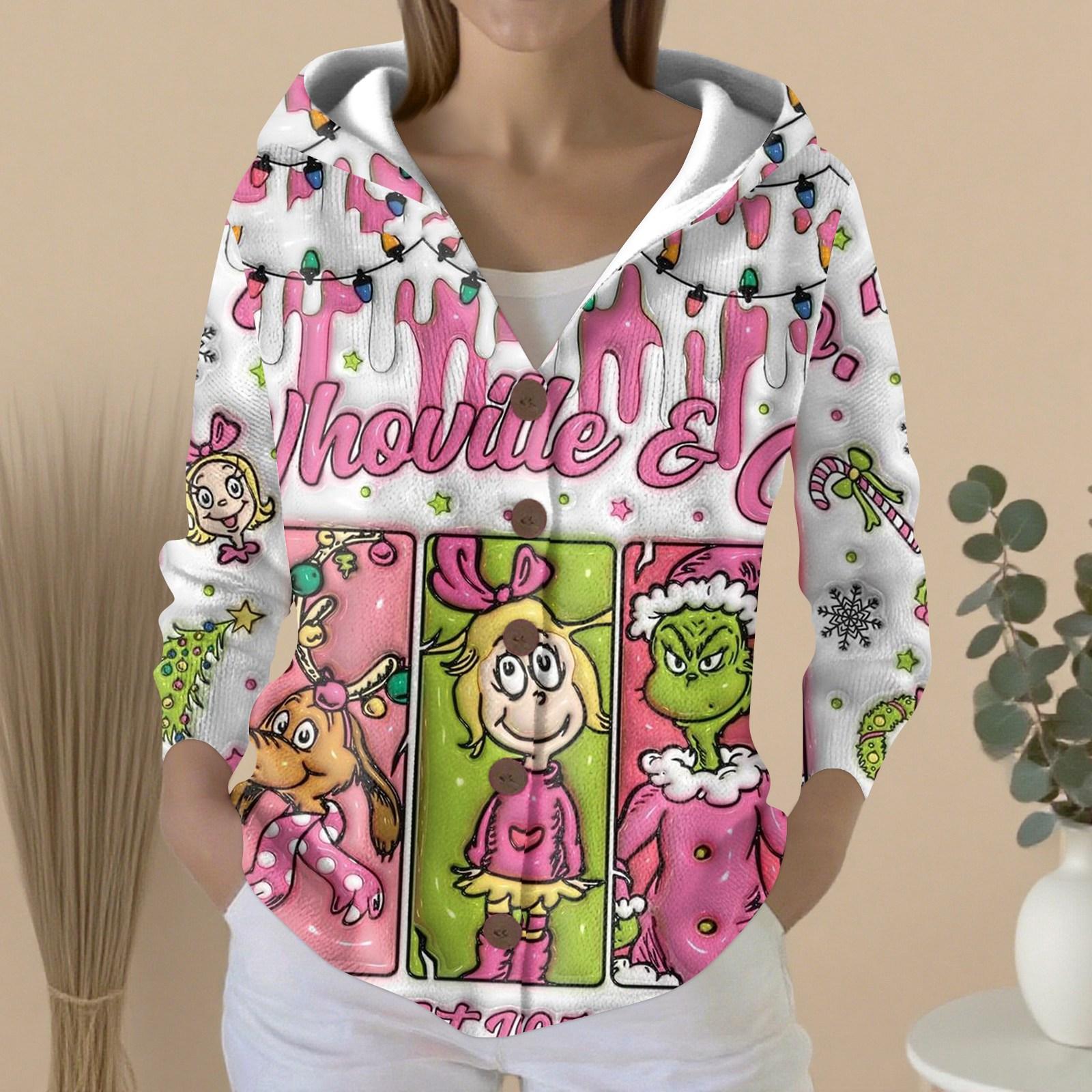 

Женский модный повседневный свитер на пуговицах с принтом, кардиган, куртка с капюшоном XL