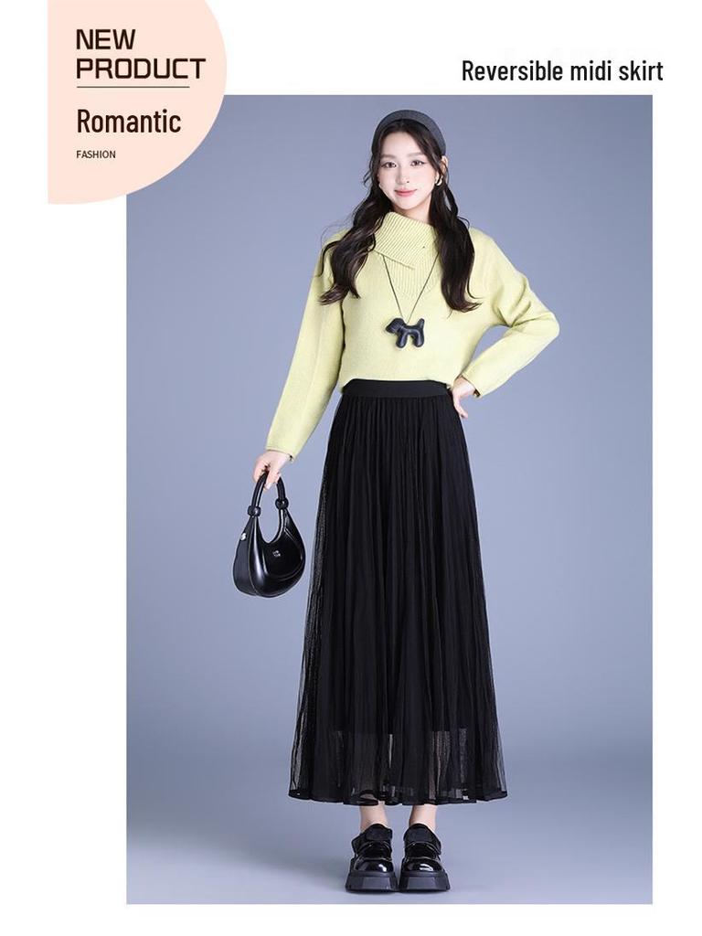 Winter 2025 Reversible Mesh Pleated Skirt with Elastic Waist