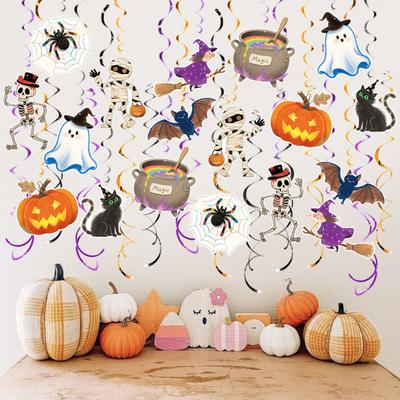 48 Pcs Halloween Hanging Swirls Decoration Spooky Ceiling Spiral Streamer with Spider Pumpkin Ghost Sign for Halloween Home Decor