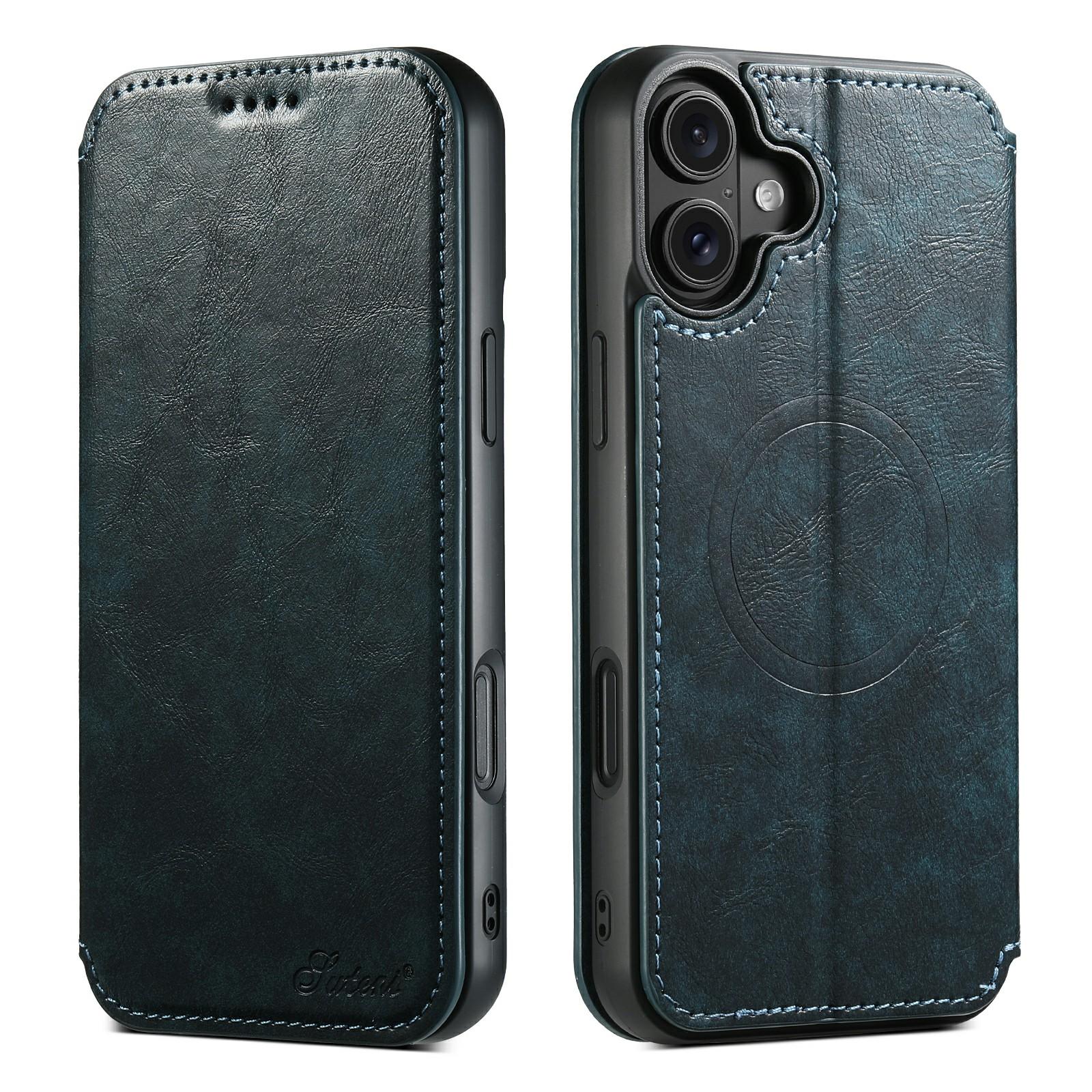 

SUTENI J05 For iPhone 17 Case Compatible with MagSafe Textured PU Leather Flip Phone Cover Blue