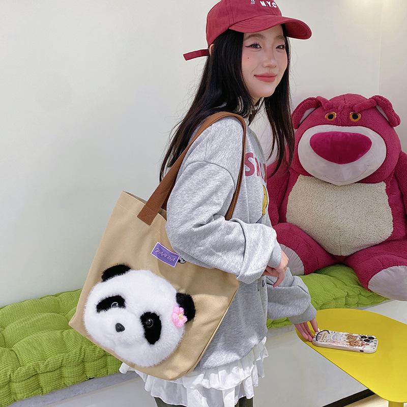 Cute Three-dimensional Plush Bear Head Handbag Large-capacity Portable Canvas Bag Girls Commute Shoulder Bag