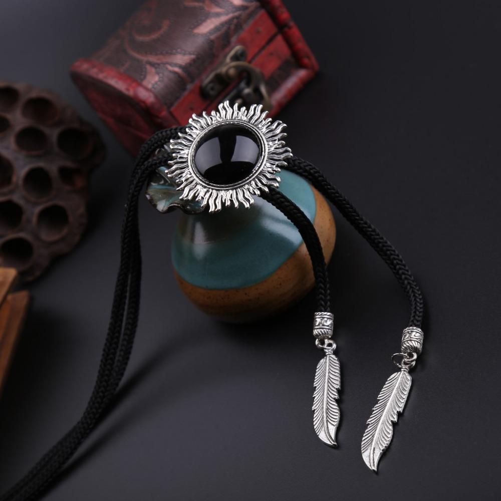 Western Cowboy Sunflower Stone Bolo Tie Adjustable Braided Rope Necklace  For Men Women
