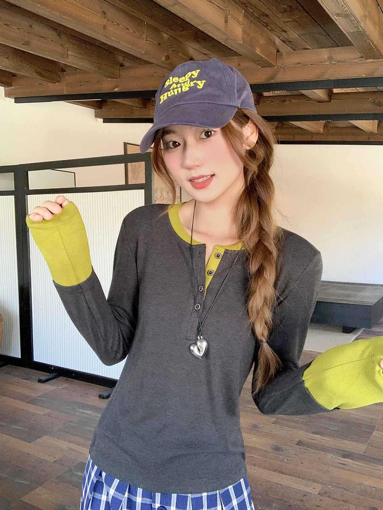 Women's Brushed Half-Button Solid Color Layered Long Sleeve Top - Autumn/Winter Korean Style