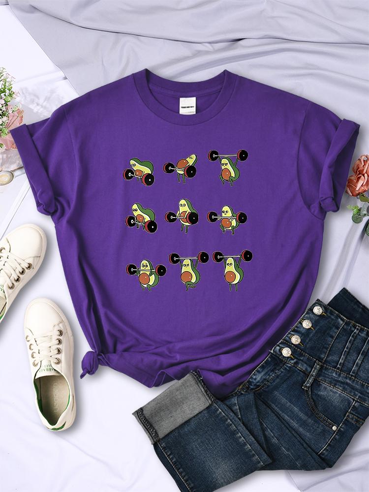 

Female Avocado Cartoon Image Weightlifting Tshirt Street Breathable Casual Women Short Sleeves Korean Style Hip Hop Tee