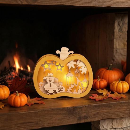 Yousheng Halloween Wooden Lighted Pumpkin for Tabletop, Spooky Pumpkin Lantern Shadow Box for Halloween Party, Dinning, Coffee Table Decoration
