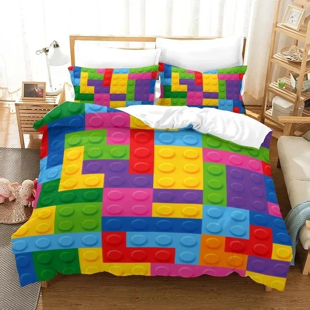 Colorful Toy King Queen Duvet Cover 3D Building Block Pattern Bedding Set Fun Brick Quilt Cover Gradient Rainbow Comforter Cover
