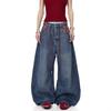 Unisex American Retro Plaid Patchwork Wide-Leg Jeans with Waist Tie and Scimitar Design