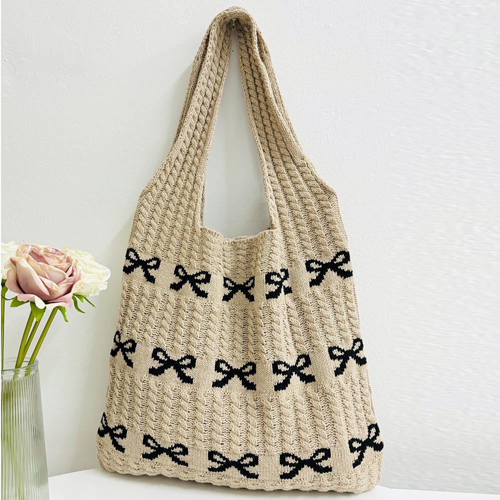 Women Crochet Shoulder Bag Large Capacity Bow Pattern Crochet Tote Bag Multifunctional Fashion Woven Bag for Shopping Traveling