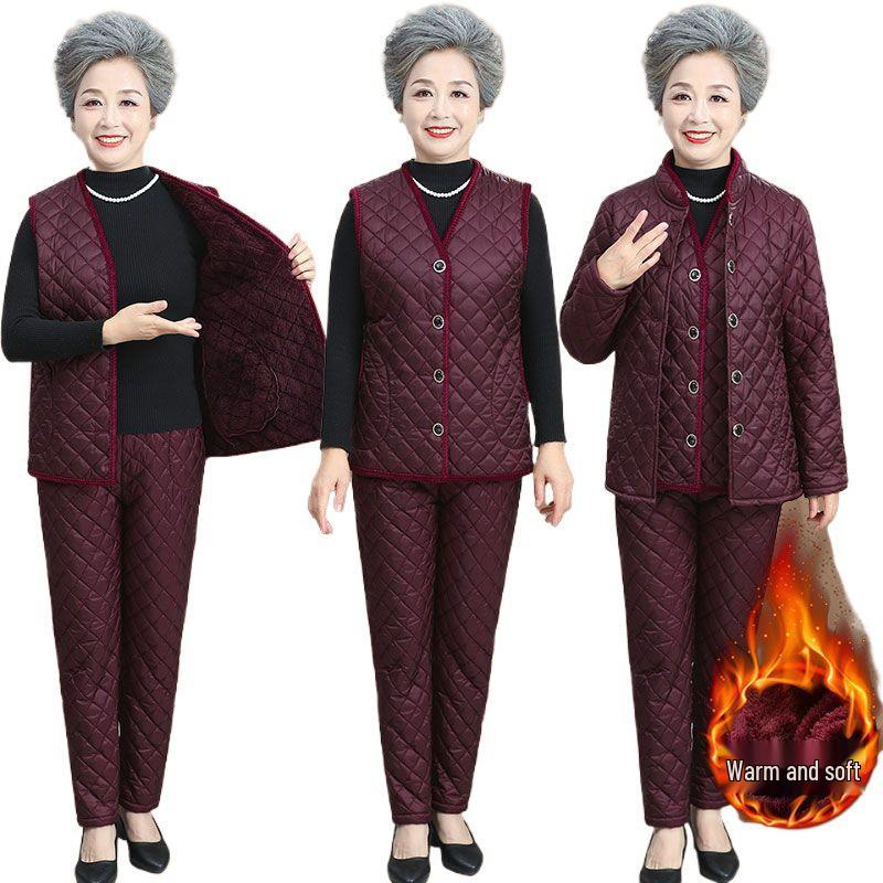 Warm Velvet Cotton Suit for Mom and Grandma: Autumn/Winter Three-Piece Set for Mature Women