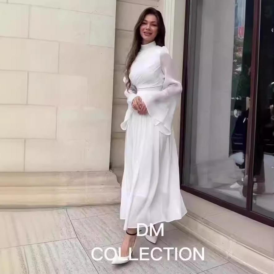 2024 Autumn Solid Color Bell Sleeve Casual High Waist Long Dress