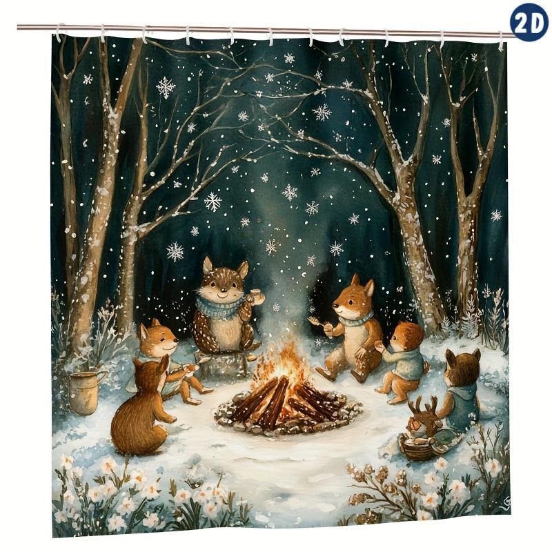 Jessica Chen Whimsical Winter Scene Shower Curtain - Cozy Forest With Fire, Snow, And Woodland Animals, Durable Polyester