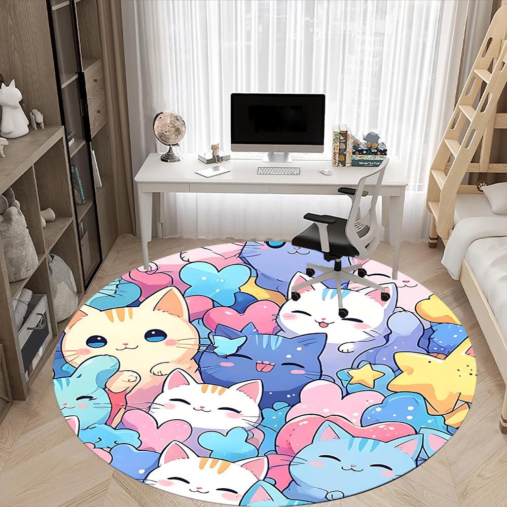 1PC Cats Kawaii Office Round Area Rug, Indoor Mat Suitable For Office, Under Office Chairs Bedroom Living Room Home Decor, Room Deco 171